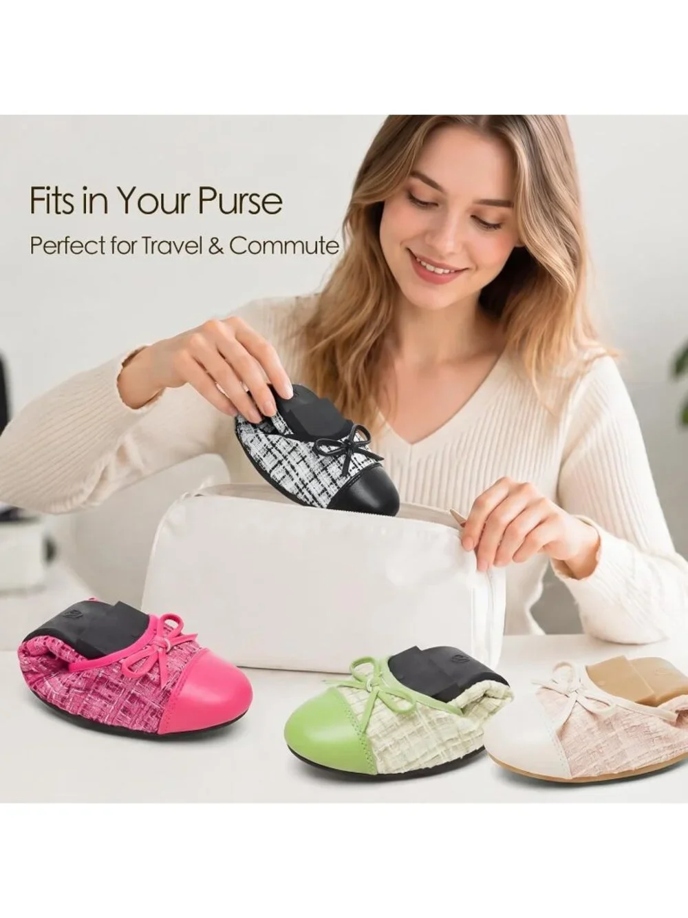 Women's Black Flat Shoes Ballet Fold-able Slip on Shoes Non-Slip Comfortable
